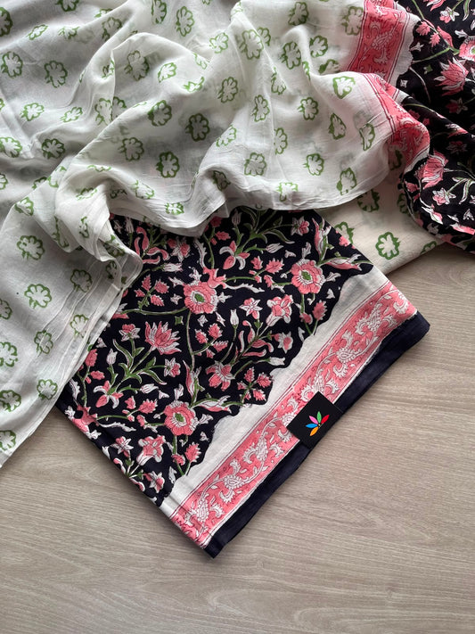 Hand Block Printed Mul Cotton Unstitched Suit Set with Cotton Duppata - 35159