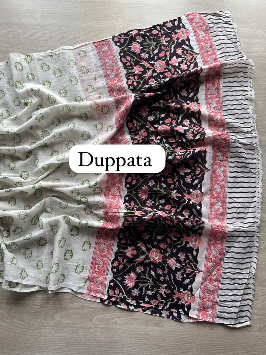 Hand Block Printed Mul Cotton Unstitched Suit Set with Cotton Duppata - 35159