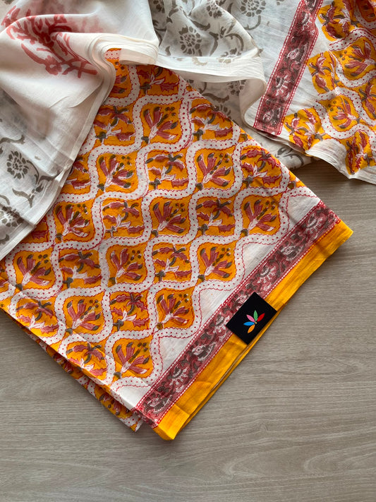 Hand Block Printed Mul Cotton Unstitched Suit Set with Cotton Duppata - 35161