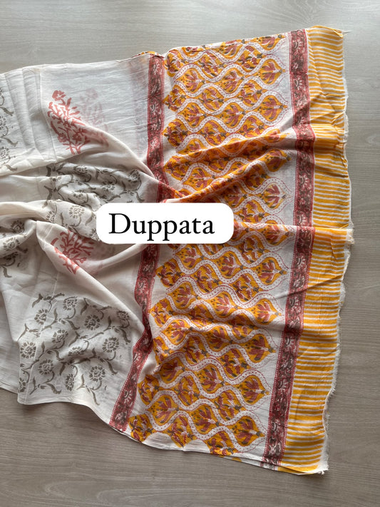 Hand Block Printed Mul Cotton Unstitched Suit Set with Cotton Duppata - 35161