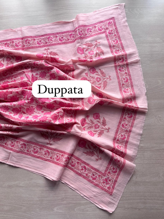 Hand Block Printed Mul Cotton Unstitched Suit Set with Cotton Duppata - 35162