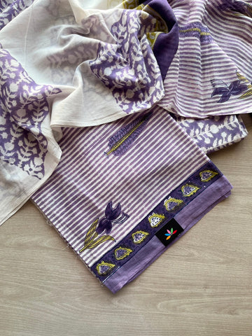 Hand Block Printed Mul Cotton Unstitched Suit Set with Cotton Duppata - 35163