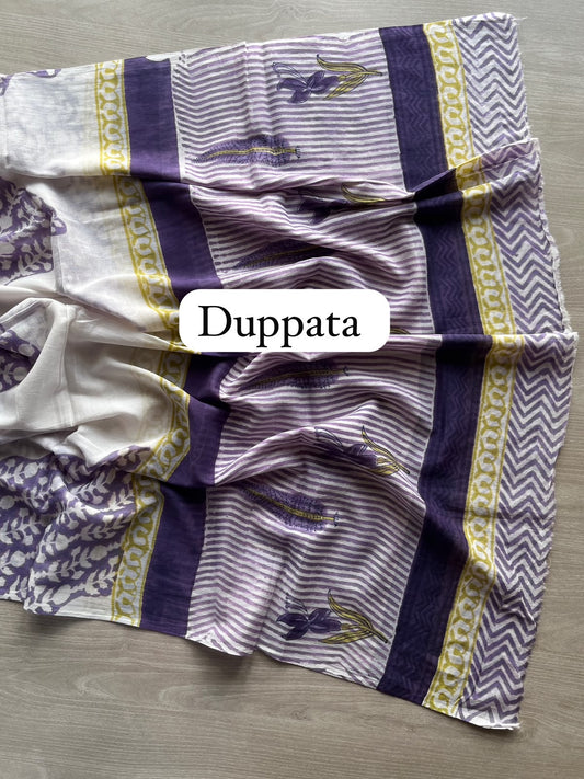 Hand Block Printed Mul Cotton Unstitched Suit Set with Cotton Duppata - 35163