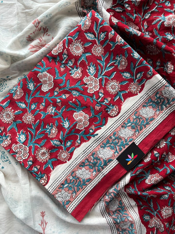 Hand Block Printed Mul Cotton Unstitched Suit Set with Mul Duppata - 36063