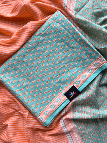 Hand Block Printed Mul Cotton Unstitched Suit Set with Mul Duppata - 36064