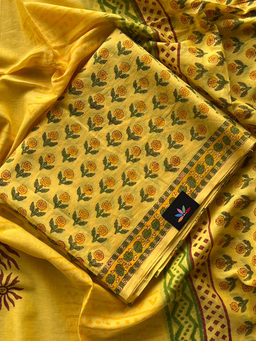 Hand Block Printed Mul Cotton Unstitched Suit Set with Mul Duppata - 36066