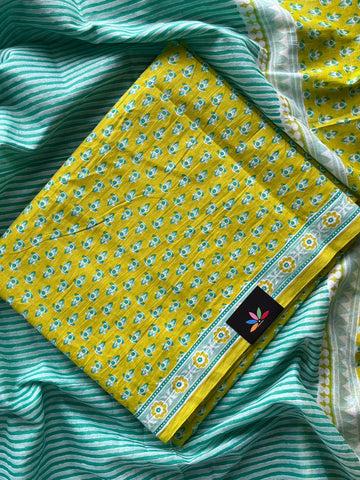 Hand Block Printed Mul Cotton Unstitched Suit Set with Mul Duppata - 36067