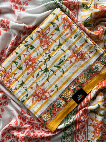 Hand Block Printed Mul Cotton Unstitched Suit Set with Mul Duppata - 36068