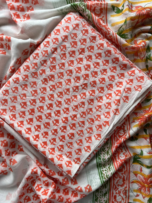 Off-White & Red Hand Block Printed Mul Cotton Unstitched Suit Set with Mul Duppata - 36068