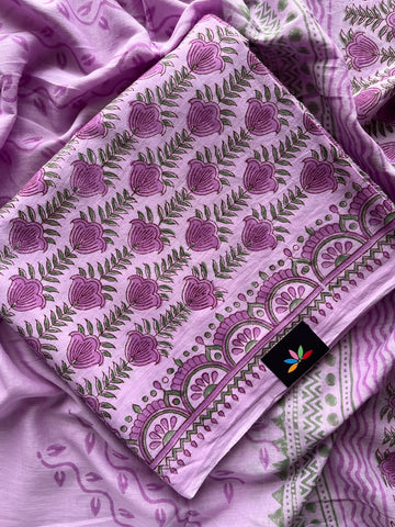 Hand Block Printed Mul Cotton Unstitched Suit Set with Mul Duppata - 36069