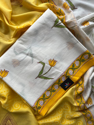 Hand Block Printed Mul Cotton Unstitched Suit Set with Mul Duppata - 36070