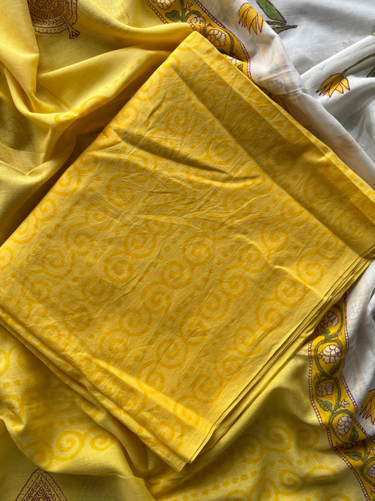 Off-White & Golden Yellow Hand Block Printed Mul Cotton Unstitched Suit Set with Mul Duppata - 36070