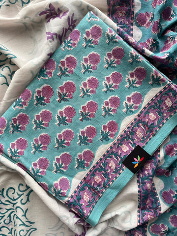 Hand Block Printed Mul Cotton Unstitched Suit Set with Mul Duppata - 36071