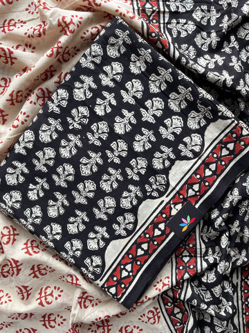 Hand Block Printed Mul Cotton Unstitched Suit Set with Mul Duppata - 36072