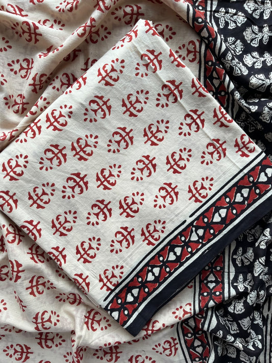 Off-White & Black Hand Block Printed Mul Cotton Unstitched Suit Set with Mul Duppata - 36072