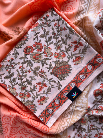 Hand Block Printed Mul Cotton Unstitched Suit Set with Mul Duppata - 36073