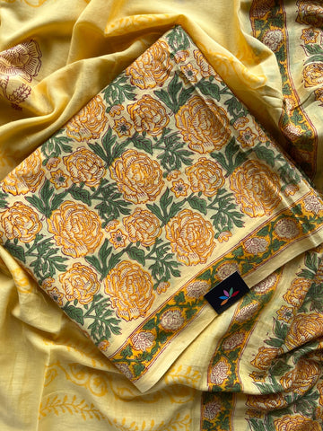 Hand Block Printed Mul Cotton Unstitched Suit Set with Mul Duppata - 36075