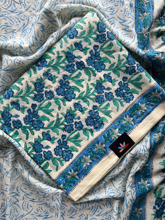 Off-White & Steel Blue Hand Block Printed Mul Cotton Unstitched Suit Set with Mul Duppata - 36076