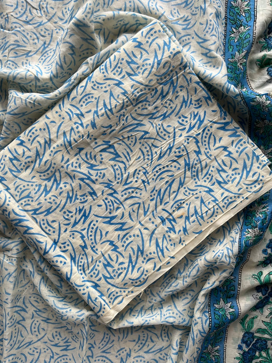 Off-White & Steel Blue Hand Block Printed Mul Cotton Unstitched Suit Set with Mul Duppata - 36076