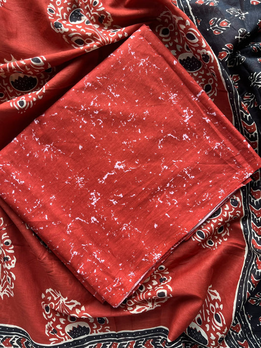 Vermillion Red & Black Hand Block Printed Mul Cotton Unstitched Suit Set with Mul Duppata - 36079