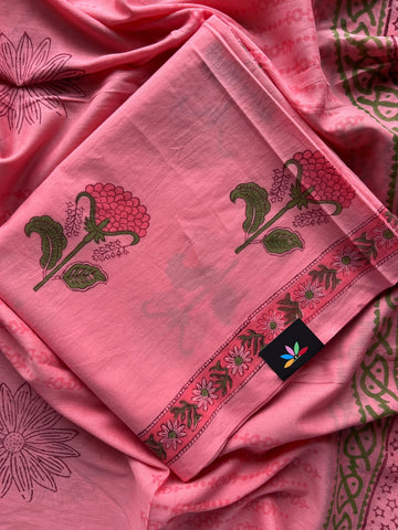 Hand Block Printed Mul Cotton Unstitched Suit Set with Mul Duppata - 36080