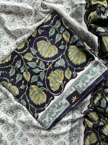 Hand Block Printed Mul Cotton Unstitched Suit Set with Mul Duppata - 36083