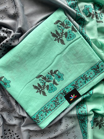 Hand Block Printed Mul Cotton Unstitched Suit Set with Mul Duppata - 36085