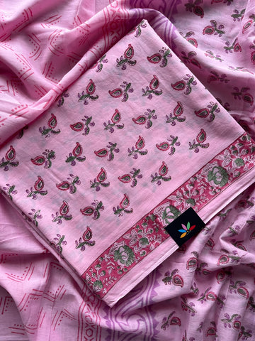 Hand Block Printed Mul Cotton Unstitched Suit Set with Mul Duppata - 36086