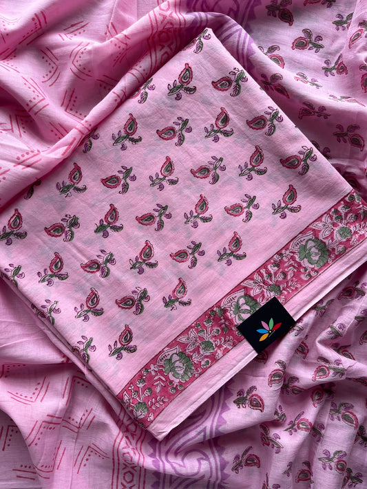 Powder Pink Hand Block Printed Mul Cotton Unstitched Suit Set with Mul Duppata - 36086