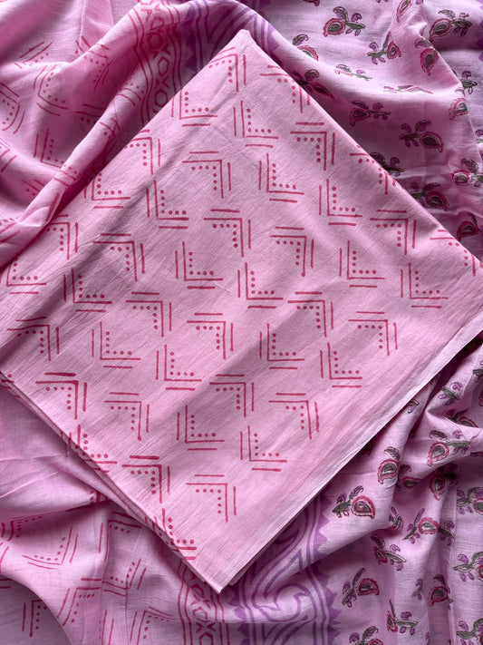 Powder Pink Hand Block Printed Mul Cotton Unstitched Suit Set with Mul Duppata - 36086