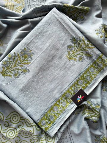 Hand Block Printed Mul Cotton Unstitched Suit Set with Mul Duppata - 36087