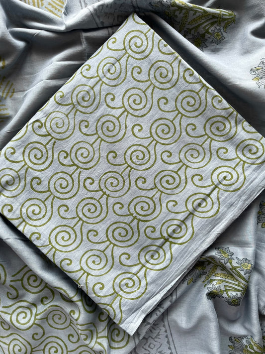 Ice Grey Hand Block Printed Mul Cotton Unstitched Suit Set with Mul Duppata - 36087