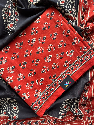 Hand Block Printed Mul Cotton Unstitched Suit Set with Mul Duppata - 36088