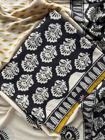 Hand Block Printed Mul Cotton Unstitched Suit Set with Mul Duppata - 36089