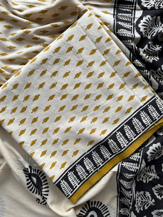 Cream Hand Block Printed Mul Cotton Unstitched Suit Set with Mul Duppata - 36089
