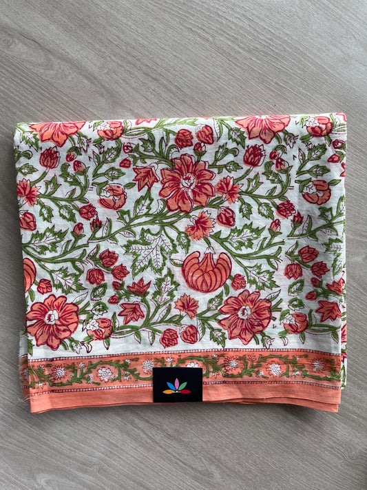 Off-White & Grape Green Hand Block Printed Mul Cotton 2-Piece Unstitched Suit Set - 36092