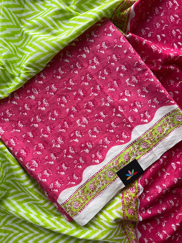 Hand Block Printed Mul Cotton Unstitched Suit Set with Mul Duppata - 36093