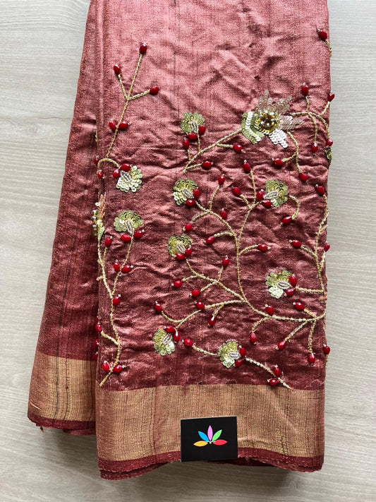 Hand embroidered Desi Tussar Silk Saree-12722