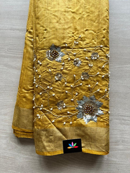 Hand embroidered Desi Tussar Silk Saree-12723