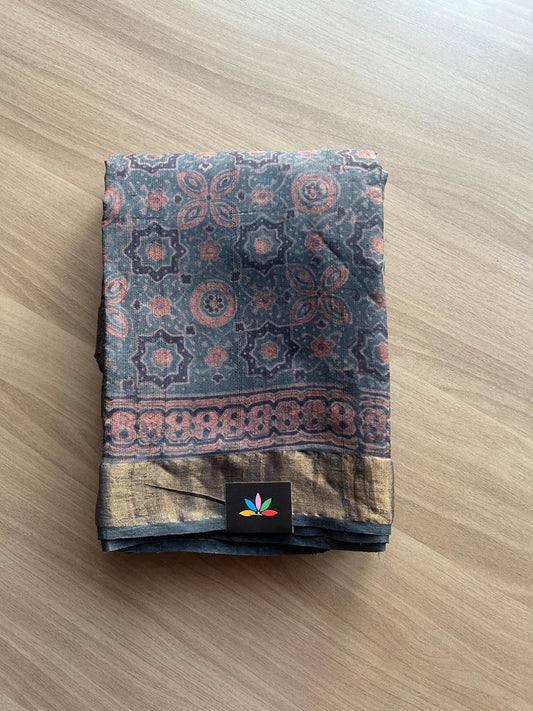 Natural Dye Ajrakh Handblock Printed Tussar Silk Saree - 23334
