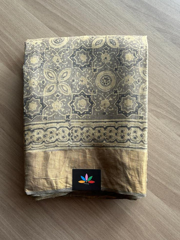 Natural Dye Ajrakh Handblock Printed Tussar Silk Saree -23335