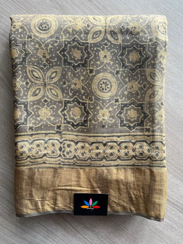 Natural Dye Ajrakh Handblock Printed Tussar Silk Saree -23335