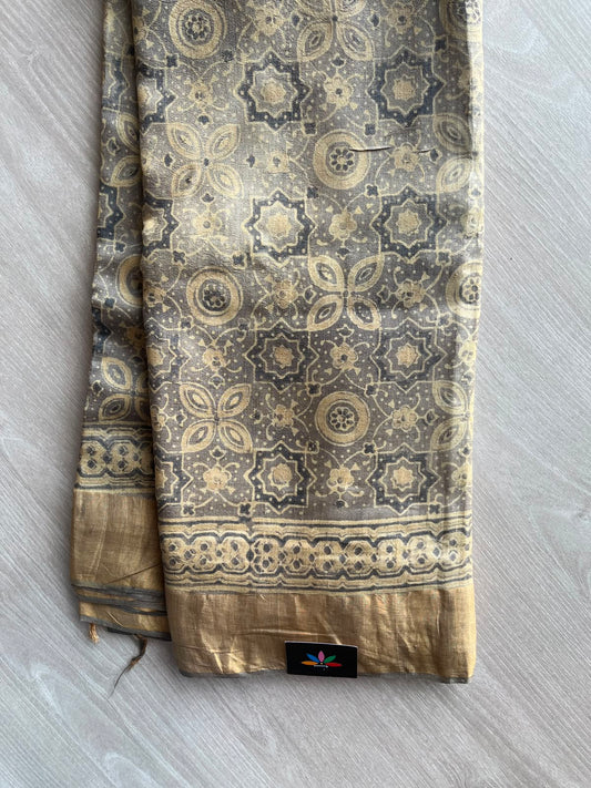 Natural Dye Ajrakh Handblock Printed Tussar Silk Saree -23335
