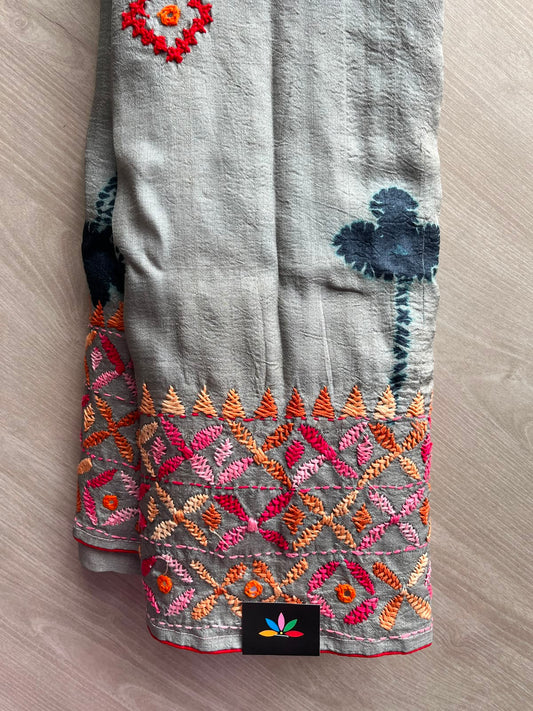 Light Gray Designer Hand Embroidered Tussar Silk Saree - 33232