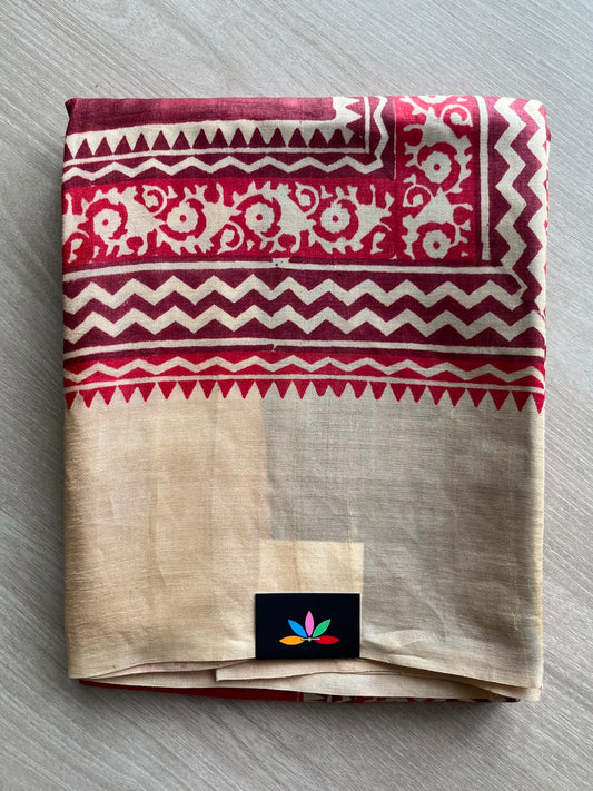 Hand Block Printed Pure Tussar Silk Saree - 34339