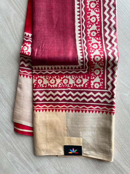 Hand Block Printed Pure Tussar Silk Saree - 34339
