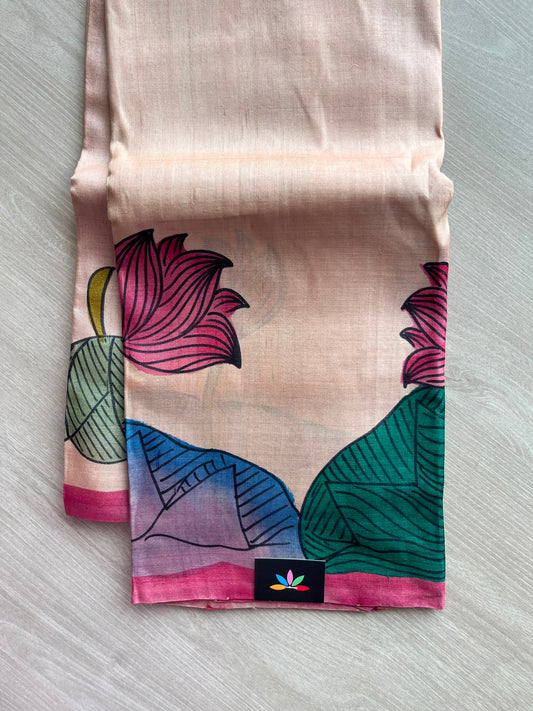 Dusty Blush Pink Hand Painted Tussar Silk Saree - 34977
