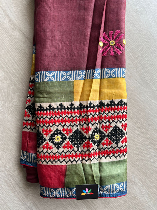 Exclusive Handcrafted Tussar Silk Block Printed Kathiyawadi Saree - 29897