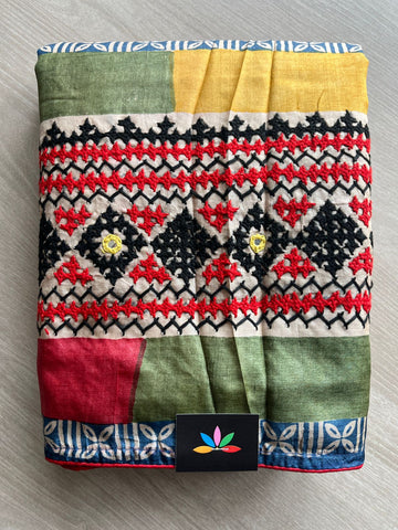 Exclusive Handcrafted Tussar Silk Block Printed Kathiyawadi Saree - 29897