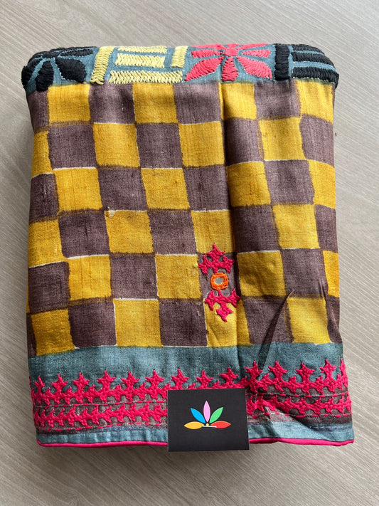 Exclusive Handcrafted Tussar Silk Block Printed Kathiyawadi Saree - 29898